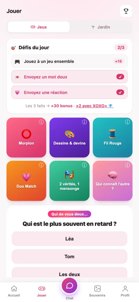 L'onglet Jouer de XOXO Duo : défis du jour et grille de jeux à deux